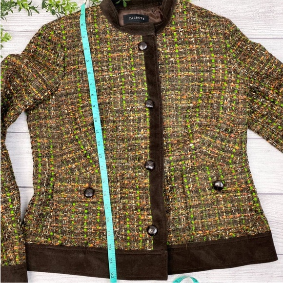 TALBOTS Ladies Brown Tweed with Leather Trim Skirt Suit 6 top 8 bottom - Picture 3 of 9